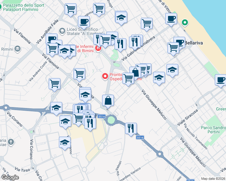 map of restaurants, bars, coffee shops, grocery stores, and more near in Rimini