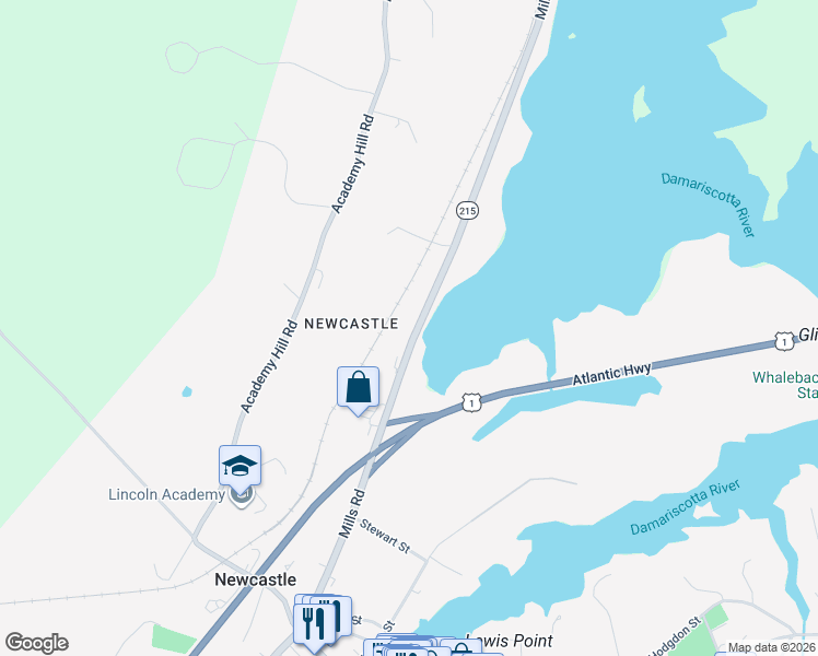 map of restaurants, bars, coffee shops, grocery stores, and more near 128 Mills Road in Newcastle