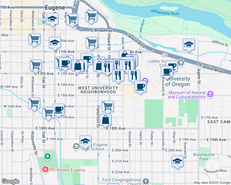 map of restaurants, bars, coffee shops, grocery stores, and more near 758 East 15th Avenue in Eugene