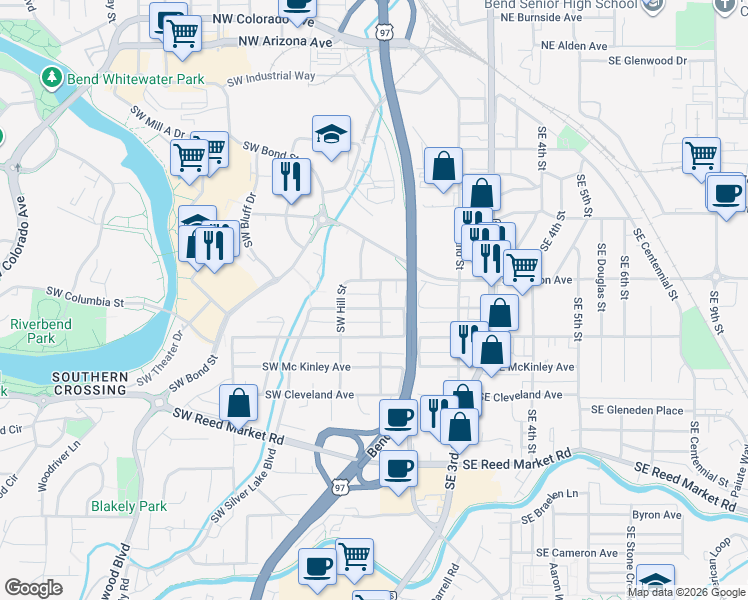 map of restaurants, bars, coffee shops, grocery stores, and more near 631 Southwest Pelton Place in Bend
