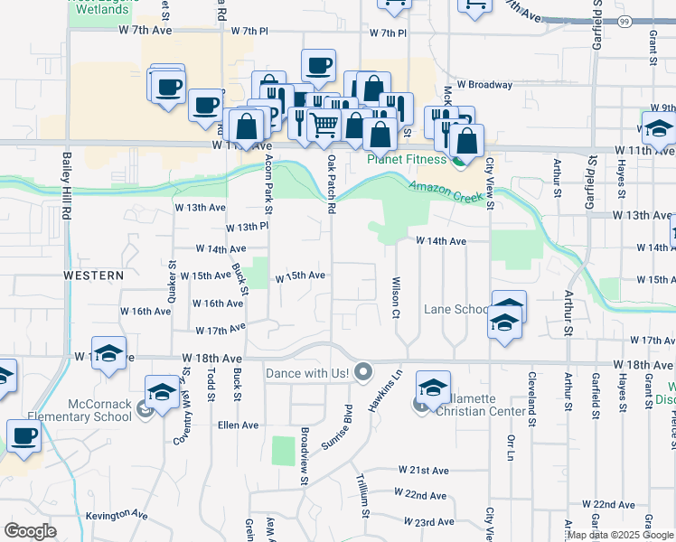 map of restaurants, bars, coffee shops, grocery stores, and more near 1621 Oak Patch Road in Eugene