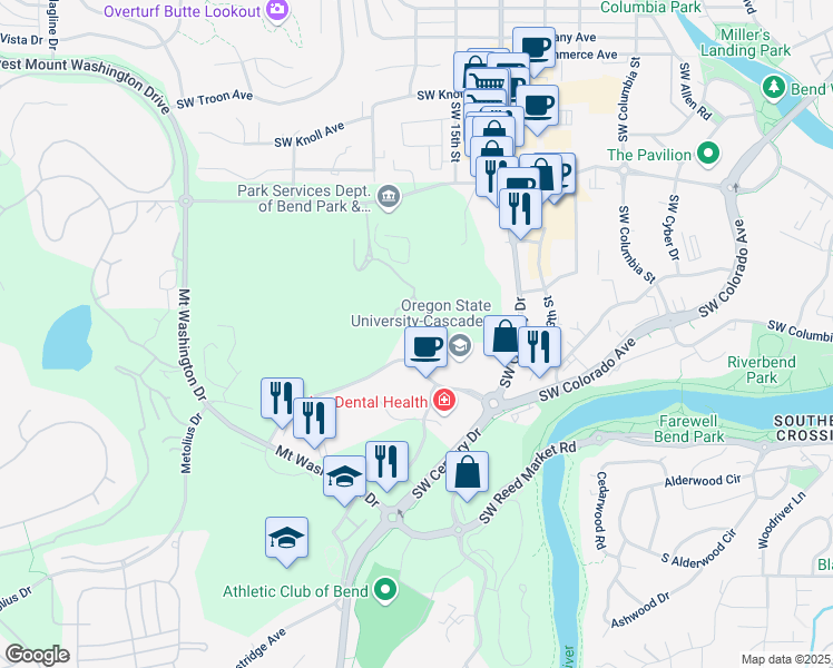 map of restaurants, bars, coffee shops, grocery stores, and more near 1707 Southwest Simpson Avenue in Bend