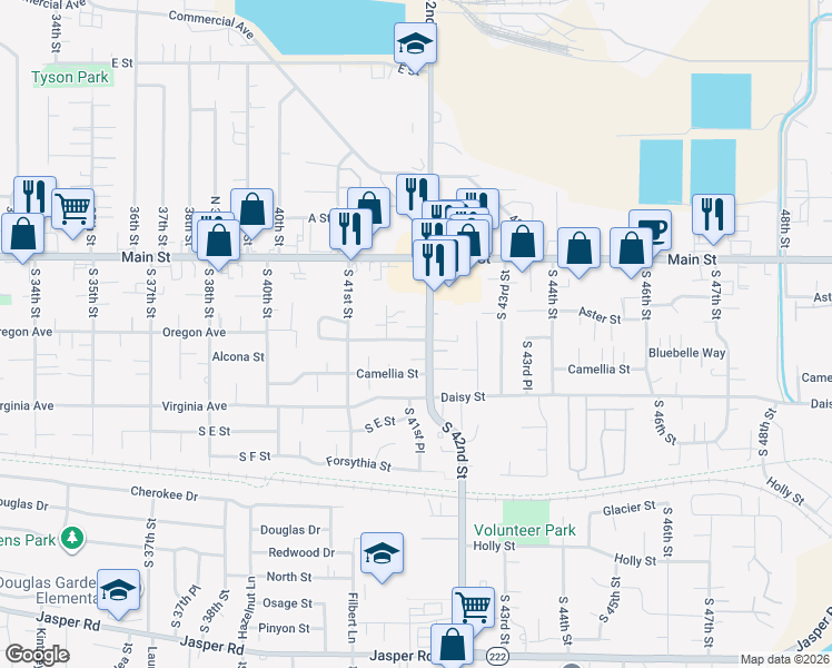 map of restaurants, bars, coffee shops, grocery stores, and more near 374 South 42nd Street in Springfield