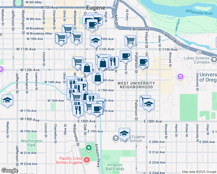 map of restaurants, bars, coffee shops, grocery stores, and more near 1530 High Street in Eugene