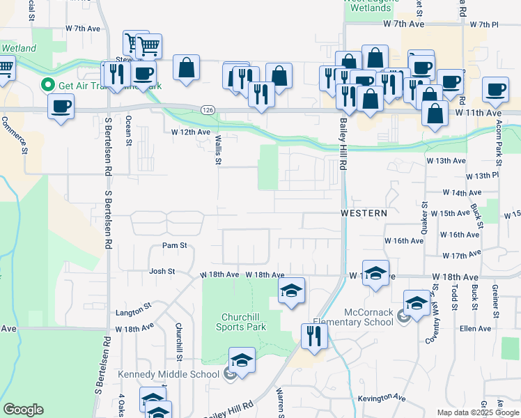 map of restaurants, bars, coffee shops, grocery stores, and more near 3727 Plumtree Drive in Eugene