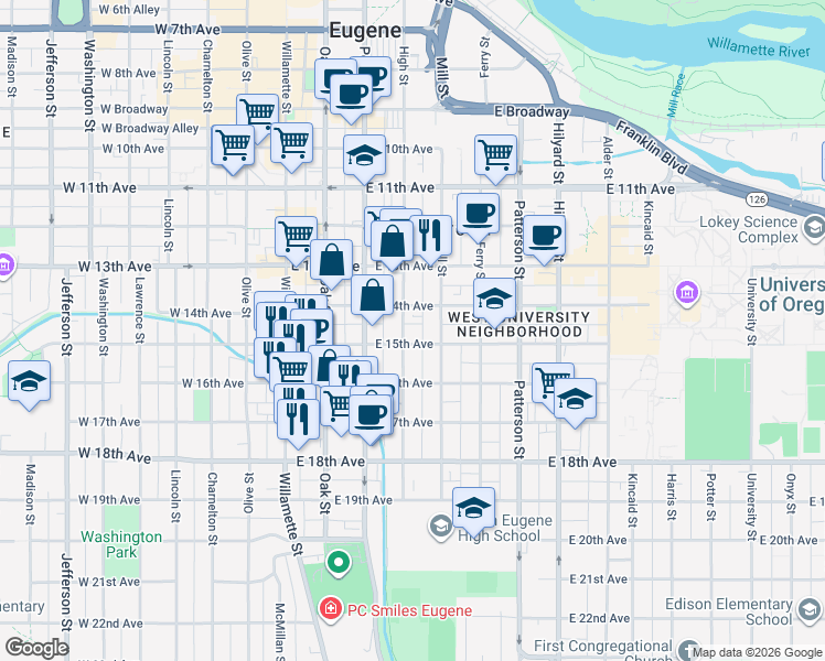 map of restaurants, bars, coffee shops, grocery stores, and more near 1479 High Street in Eugene