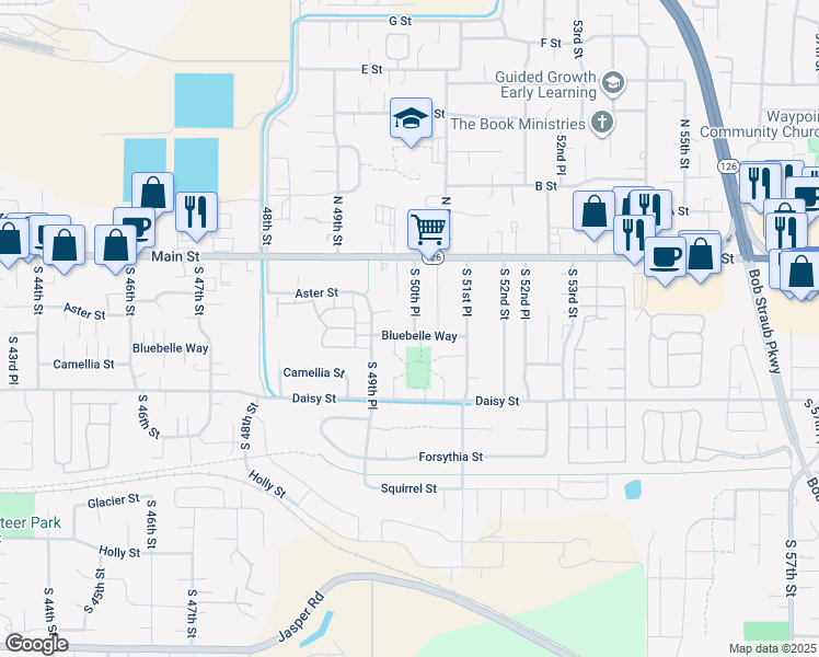 map of restaurants, bars, coffee shops, grocery stores, and more near 4939 Bluebelle Way in Springfield
