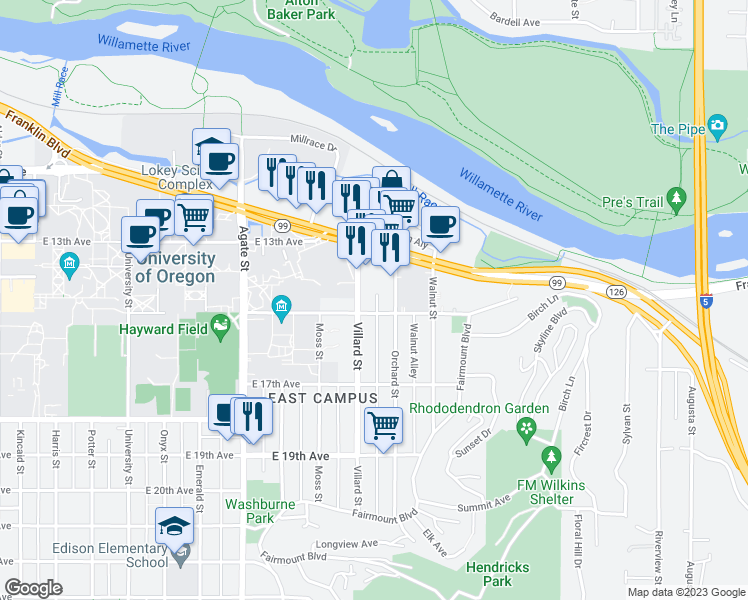 map of restaurants, bars, coffee shops, grocery stores, and more near 1910 East 15th Avenue in Eugene