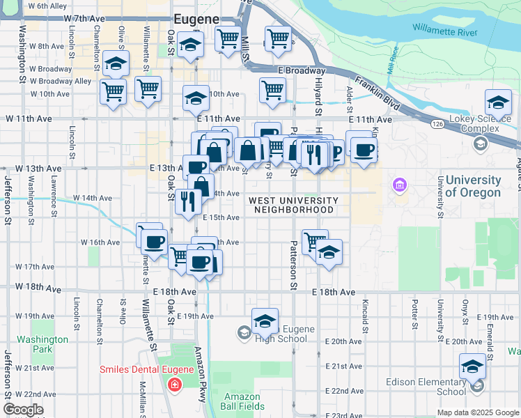 map of restaurants, bars, coffee shops, grocery stores, and more near 1528 Ferry Street in Eugene