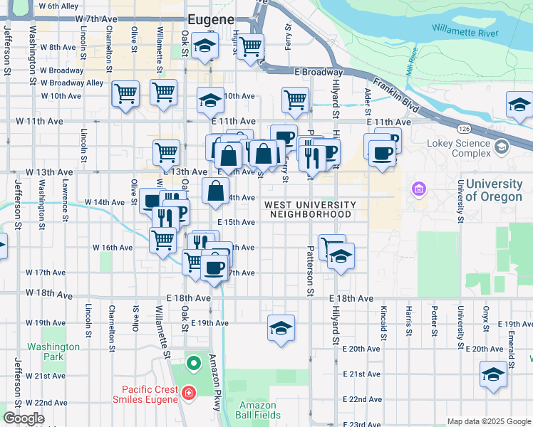 map of restaurants, bars, coffee shops, grocery stores, and more near 1524 Mill Street in Eugene