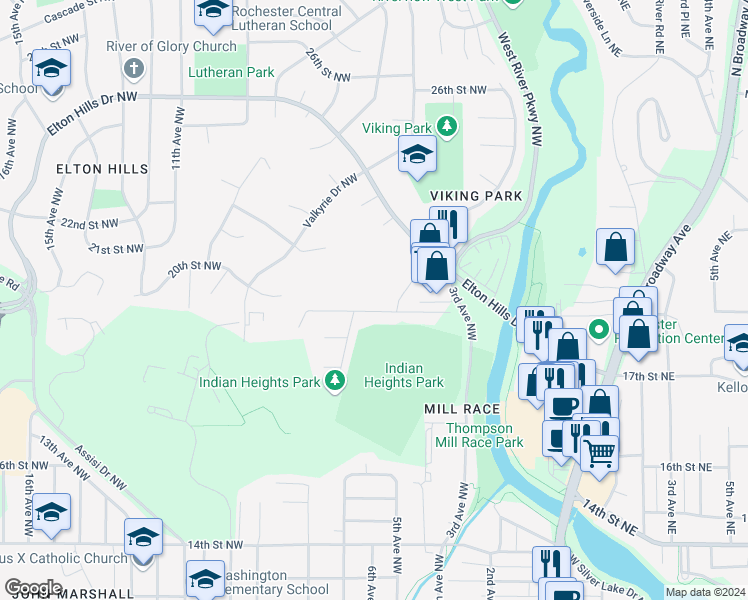 map of restaurants, bars, coffee shops, grocery stores, and more near 516 19th Street Northwest in Rochester