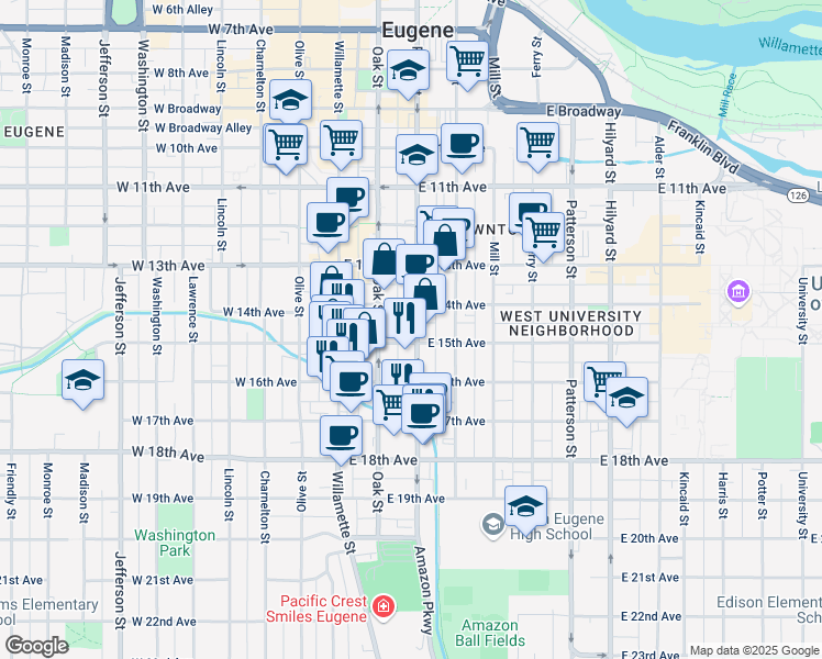 map of restaurants, bars, coffee shops, grocery stores, and more near 1464 Pearl Street in Eugene