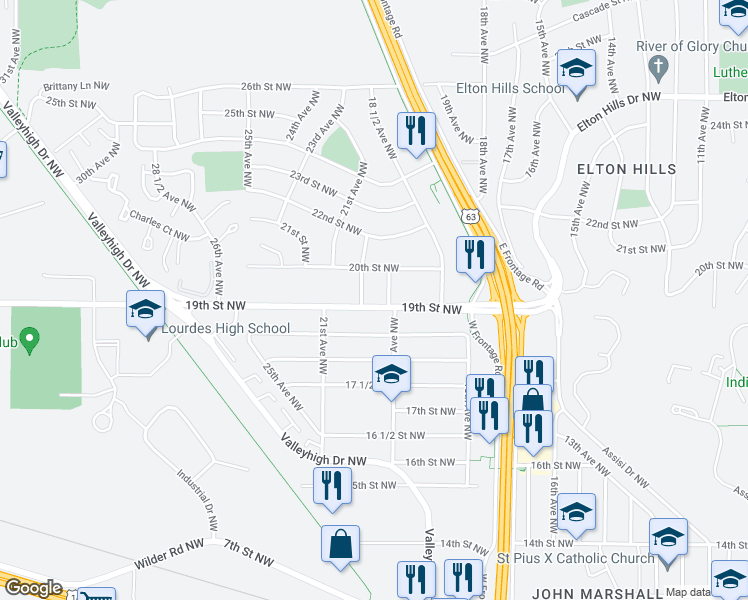 map of restaurants, bars, coffee shops, grocery stores, and more near 1921 19th Street Northwest in Rochester