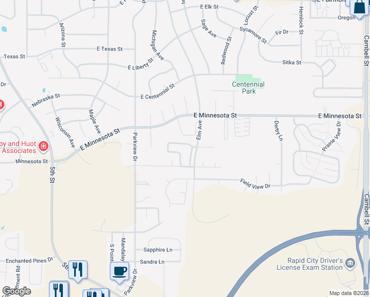 map of restaurants, bars, coffee shops, grocery stores, and more near 4209 Elm Avenue in Rapid City