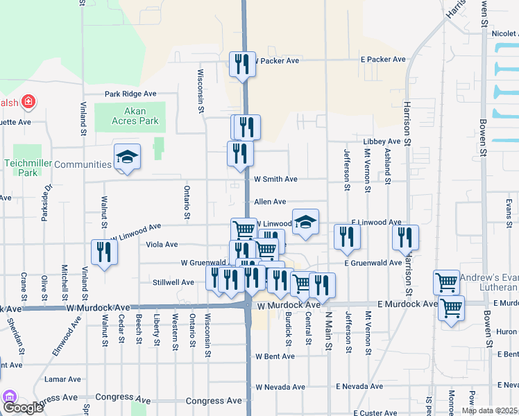 map of restaurants, bars, coffee shops, grocery stores, and more near 315 West Linwood Avenue in Oshkosh