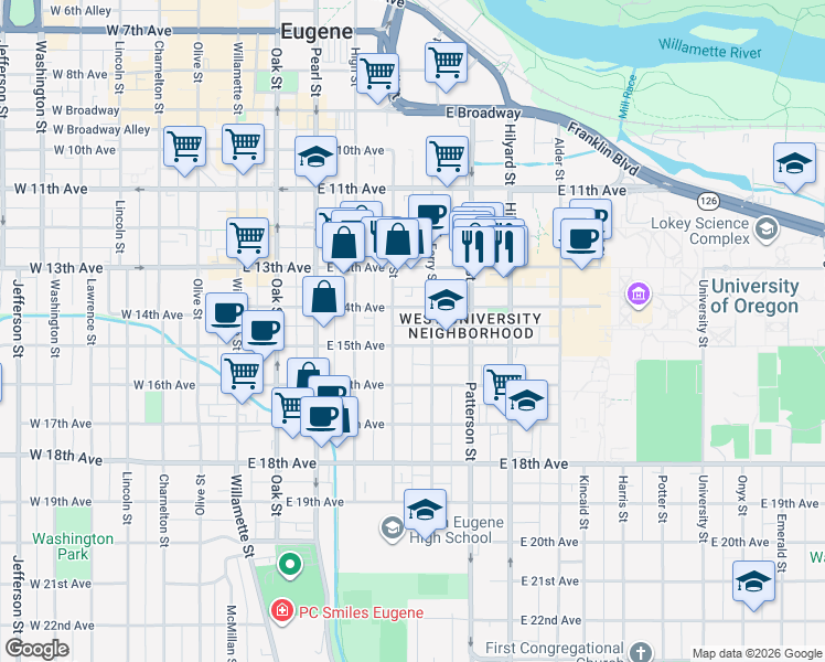 map of restaurants, bars, coffee shops, grocery stores, and more near 1528 Ferry Street in Eugene