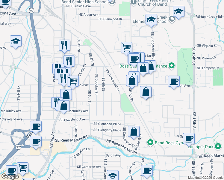 map of restaurants, bars, coffee shops, grocery stores, and more near 702 Southeast Sun Lane in Bend