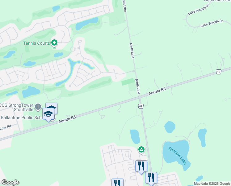 map of restaurants, bars, coffee shops, grocery stores, and more near 5912 Aurora Road in Whitchurch-Stouffville
