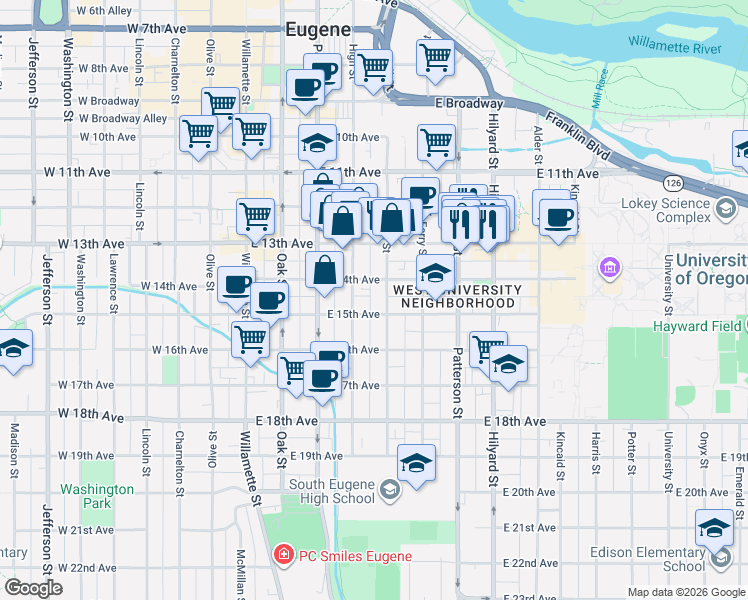 map of restaurants, bars, coffee shops, grocery stores, and more near 1477 Mill Alley in Eugene