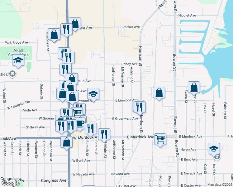map of restaurants, bars, coffee shops, grocery stores, and more near 2216 Jefferson Street in Oshkosh