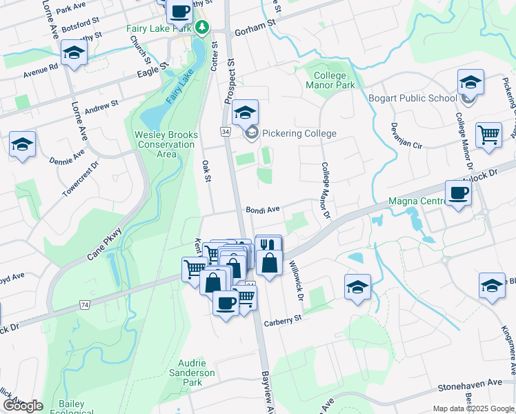 map of restaurants, bars, coffee shops, grocery stores, and more near 541 Bondi Avenue in Newmarket
