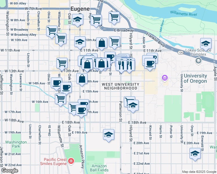 map of restaurants, bars, coffee shops, grocery stores, and more near 1458 Ferry Street in Eugene