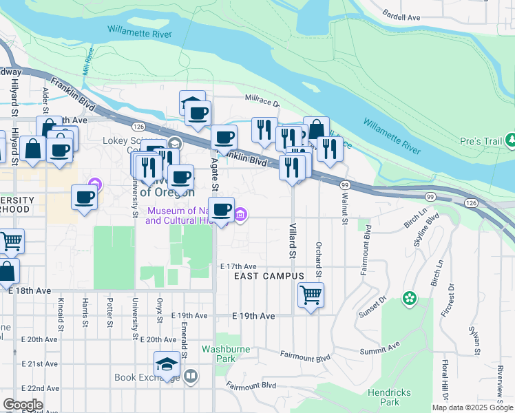 map of restaurants, bars, coffee shops, grocery stores, and more near 1741 East 15th Avenue in Eugene