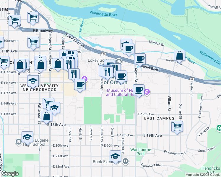 map of restaurants, bars, coffee shops, grocery stores, and more near 1585 East 13th Avenue in Eugene