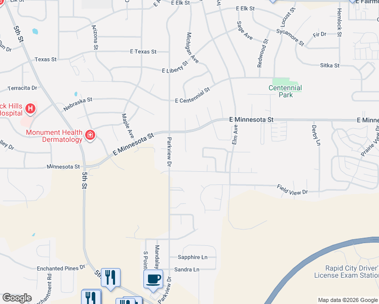map of restaurants, bars, coffee shops, grocery stores, and more near 4121 Winfield Court in Rapid City