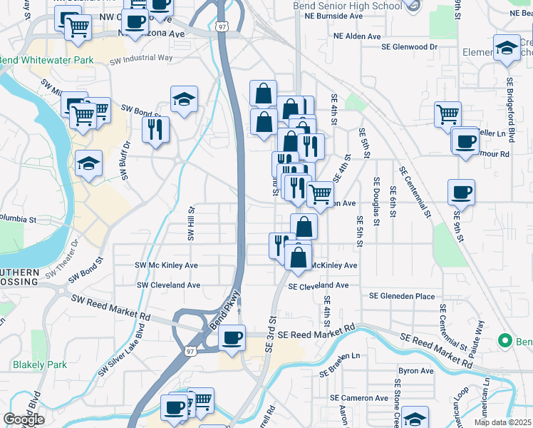 map of restaurants, bars, coffee shops, grocery stores, and more near 45 Southeast Wilson Avenue in Bend