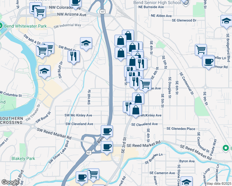 map of restaurants, bars, coffee shops, grocery stores, and more near 45 Southeast Wilson Avenue in Bend