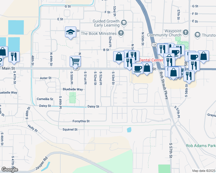 map of restaurants, bars, coffee shops, grocery stores, and more near 5295 Cynthia Court in Springfield