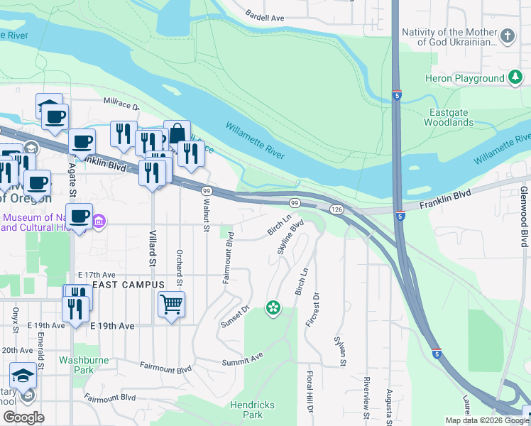 map of restaurants, bars, coffee shops, grocery stores, and more near 2305 East 15th Avenue in Eugene