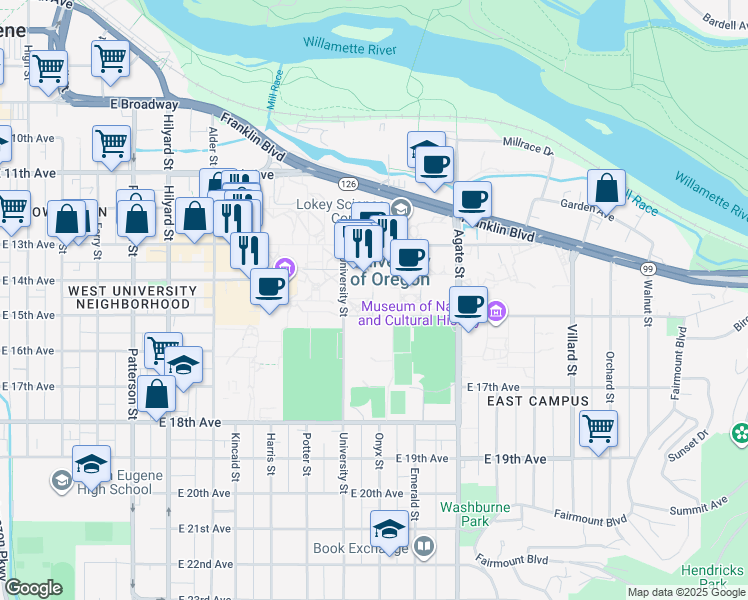 map of restaurants, bars, coffee shops, grocery stores, and more near 1352 Onyx Street in Eugene