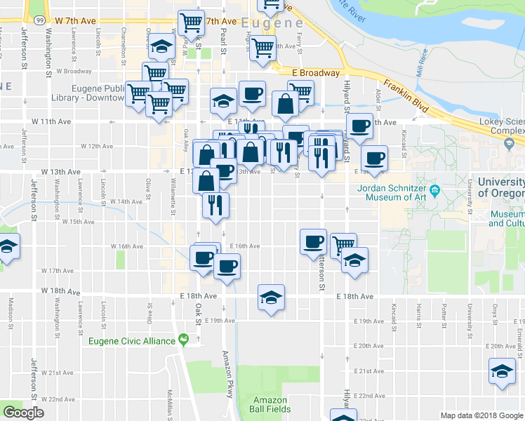 map of restaurants, bars, coffee shops, grocery stores, and more near 1390 Mill Street in Eugene