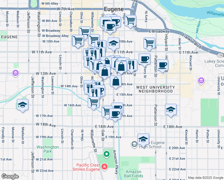map of restaurants, bars, coffee shops, grocery stores, and more near 1390 Pearl Street in Eugene