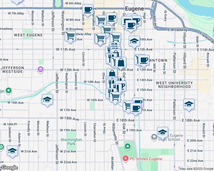map of restaurants, bars, coffee shops, grocery stores, and more near 1376 Olive Street in Eugene