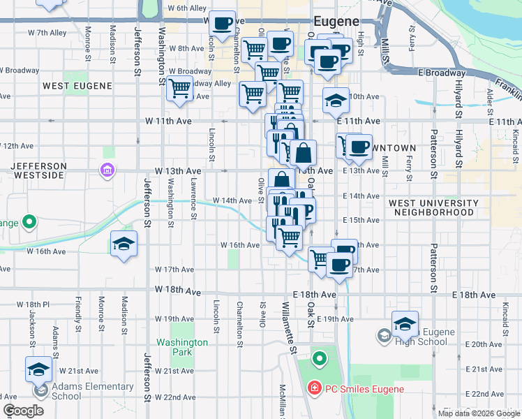 map of restaurants, bars, coffee shops, grocery stores, and more near 1376 Olive Street in Eugene