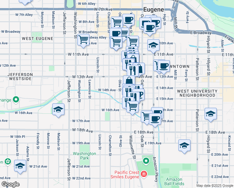 map of restaurants, bars, coffee shops, grocery stores, and more near 1376 Olive Street in Eugene