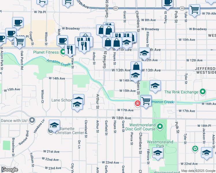 map of restaurants, bars, coffee shops, grocery stores, and more near 1397 Garfield Street in Eugene