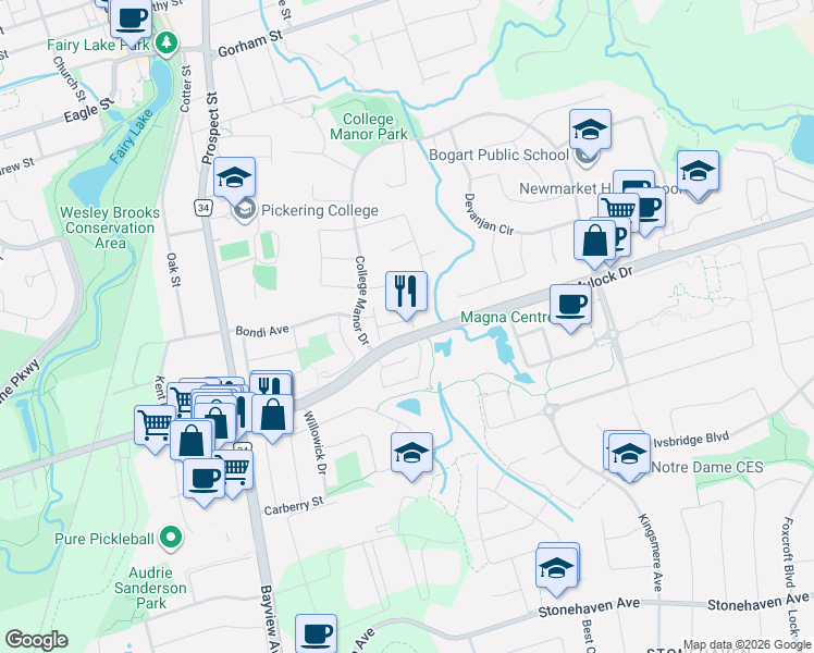 map of restaurants, bars, coffee shops, grocery stores, and more near 694 Limpert Terrace in Newmarket