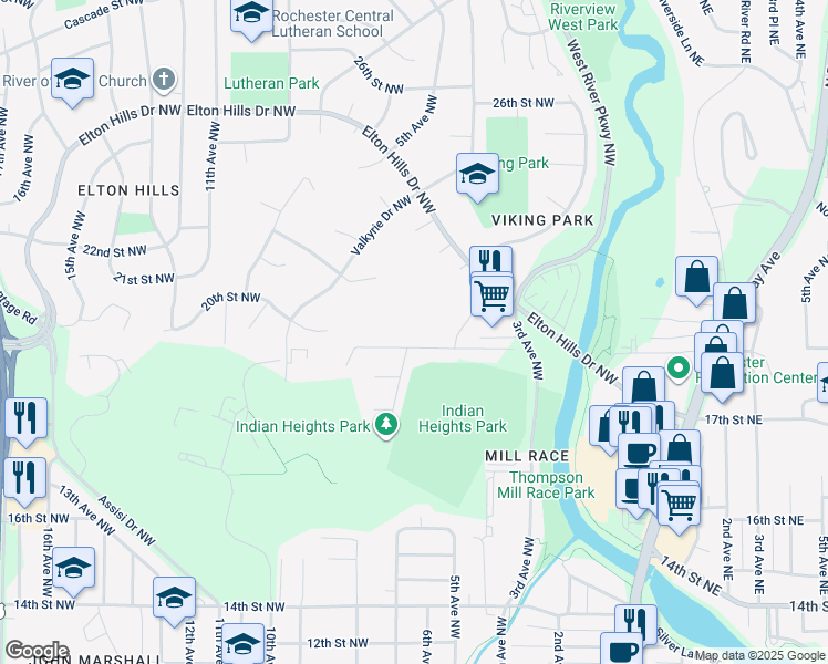 map of restaurants, bars, coffee shops, grocery stores, and more near 607 19th Street Northwest in Rochester