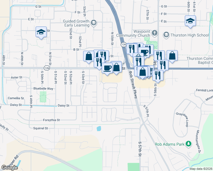 map of restaurants, bars, coffee shops, grocery stores, and more near 101-199 S 54th St in Springfield