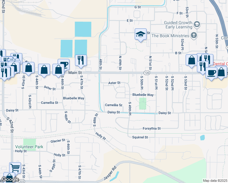 map of restaurants, bars, coffee shops, grocery stores, and more near 4885 Aster Street in Springfield