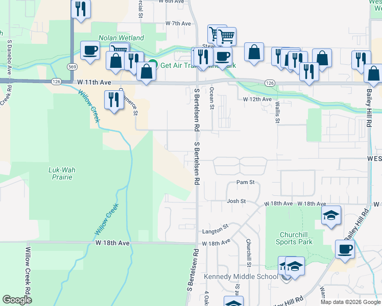 map of restaurants, bars, coffee shops, grocery stores, and more near 1366 South Bertelsen Road in Eugene