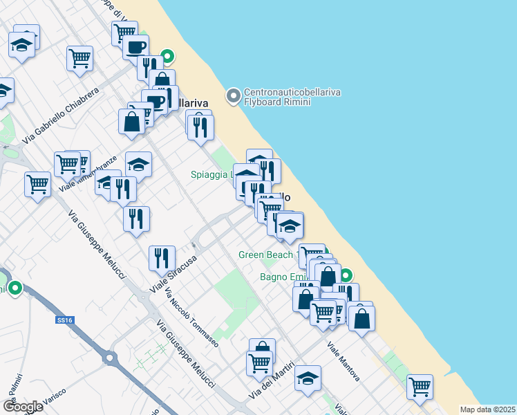 map of restaurants, bars, coffee shops, grocery stores, and more near 69 Lungomare Giuseppe di Vittorio in Rimini
