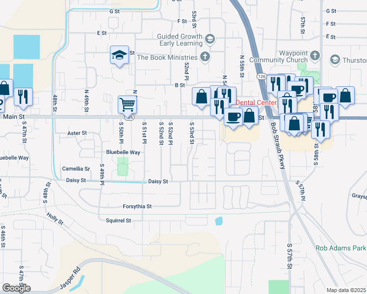 map of restaurants, bars, coffee shops, grocery stores, and more near 5295 Cynthia Court in Springfield