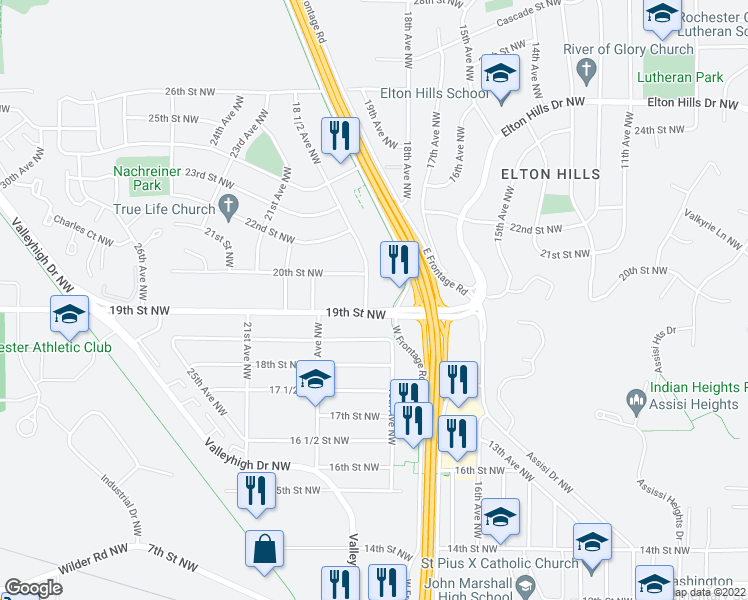 map of restaurants, bars, coffee shops, grocery stores, and more near 1908 18 1/2 Avenue Northwest in Rochester