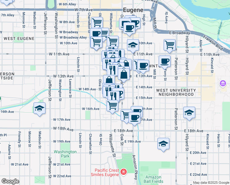 map of restaurants, bars, coffee shops, grocery stores, and more near 81 East 14th Avenue in Eugene