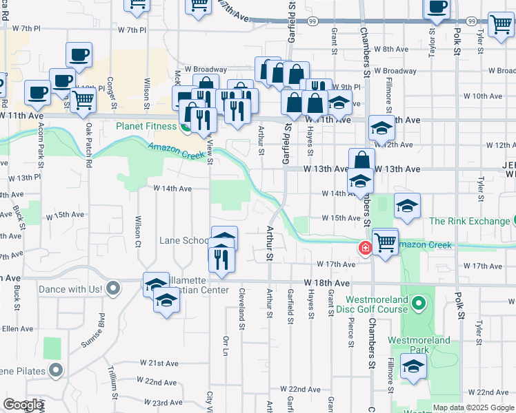 map of restaurants, bars, coffee shops, grocery stores, and more near 2152 West 15th Court in Eugene